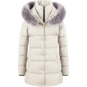 Women's Beige Long Snow Puffer Jacket Coat Removable Faux Fur Trim Winter Warm
